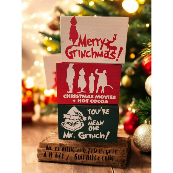 Merry Grinchmas Stacking Blocks Set - Handmade Wooden Holiday Decorations - Picture 1 of 1